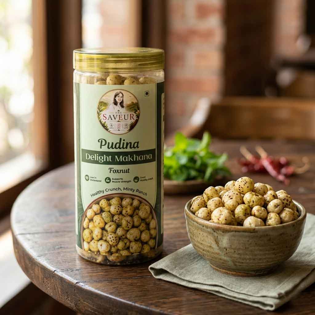 Pudina Flavoured Makhana Healthy Snack Farmley Roasted and Namkeen Snacks & Puffed Snacks Cholesterol Free Gluten Free Rich In Protein & Fiber Roasted in Olive Oil - 85 GM JAR