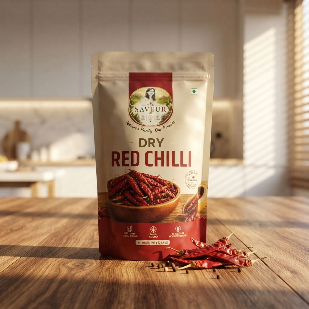 The Saveur Dry Red Chilli 100 Grams (100gm x Pack of 1) Stemless Red Chilly Sabut Lal Mirch With Rich Aroma & Freshly Ground No Added Preservatives and No Colors