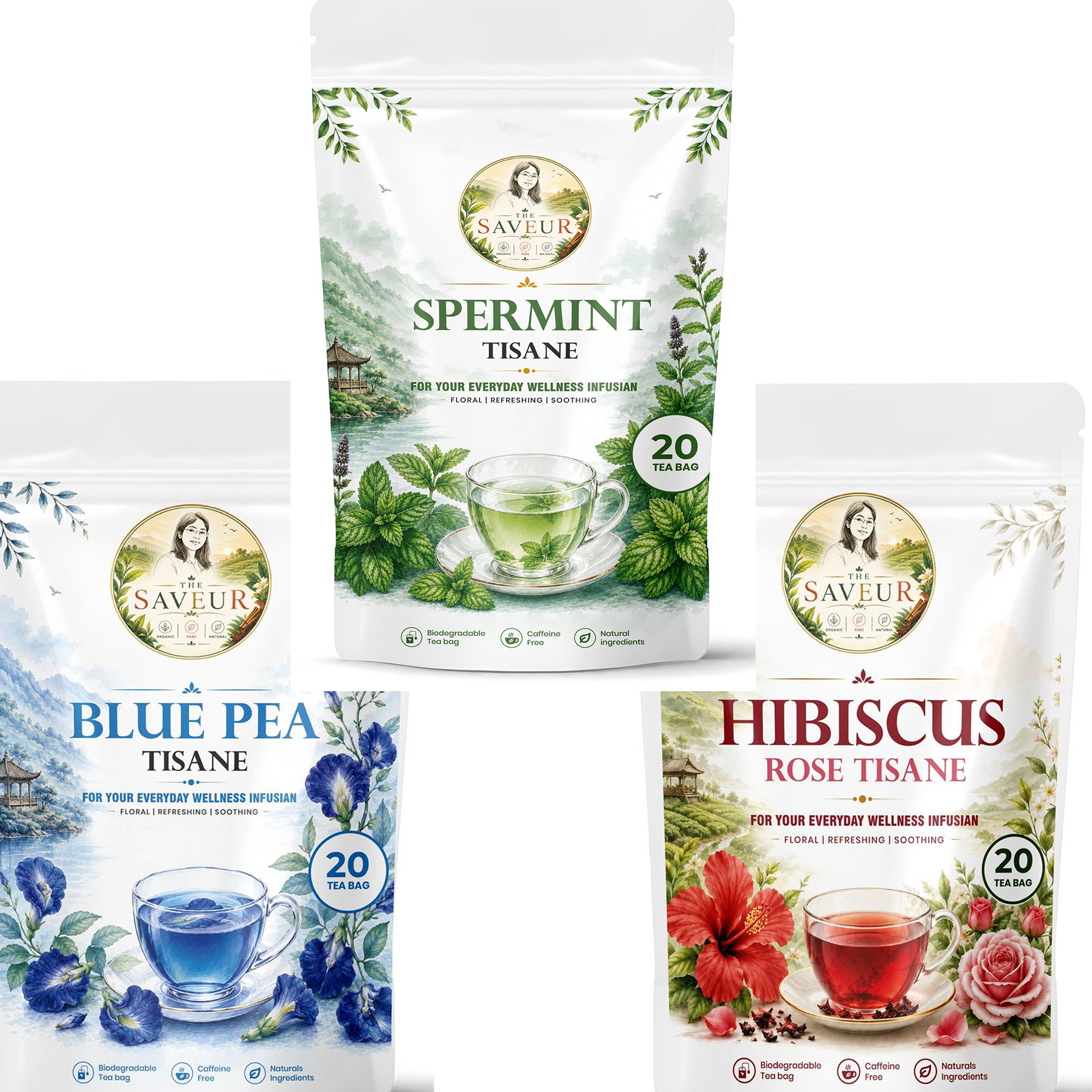 Hibiscus, Spermint, Blue Pea Tea Bags PACK OF 3 Plant Based Caffeine Free Gluten Free Pure Tea Bags Best Price by The Saveur