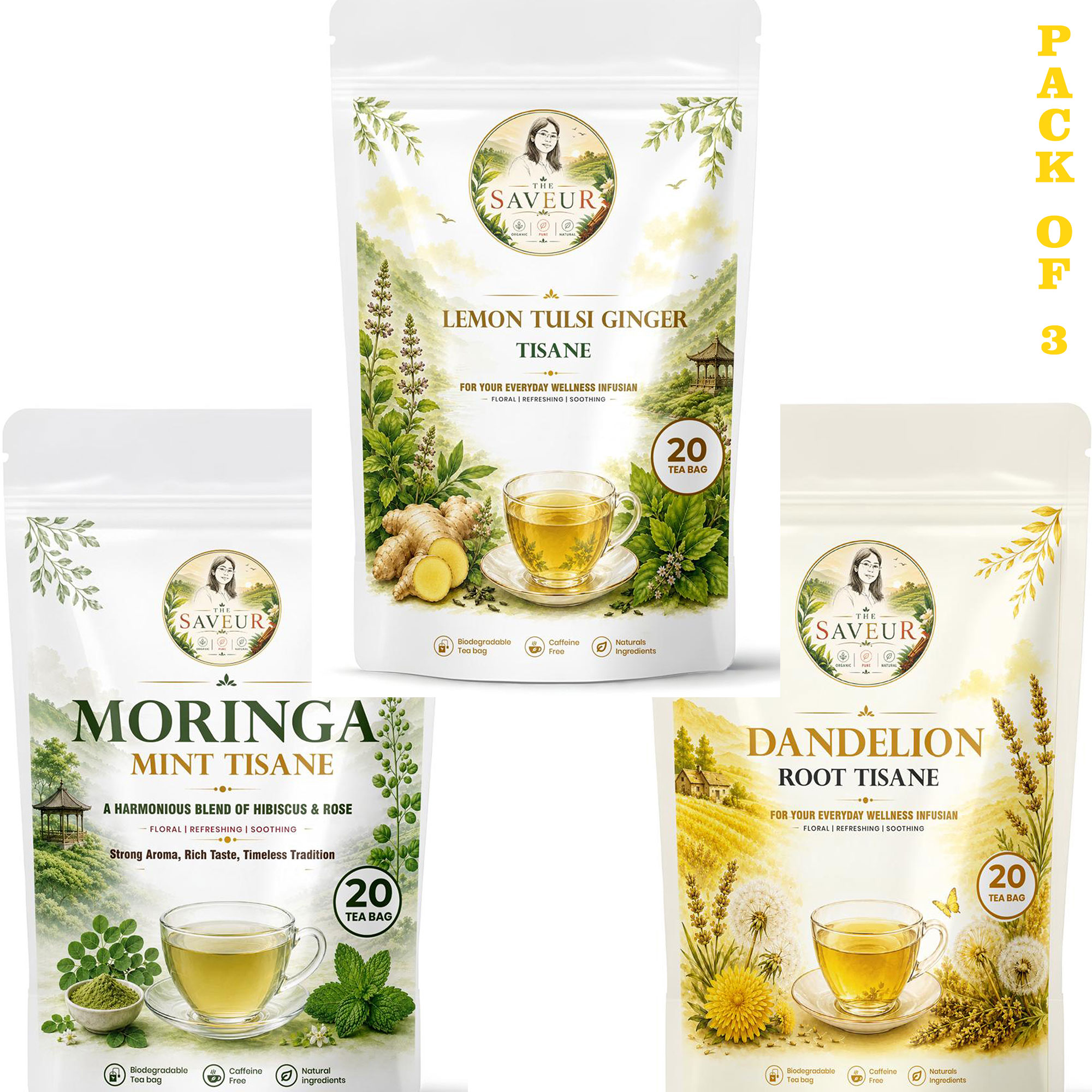 Moringa Mint, Dandelion, Lemon Tulsi Ginger Tea Bags PACK OF 3 Plant Based Caffeine Free Gluten Free Pure Tea Bags Best Price by The Saveur