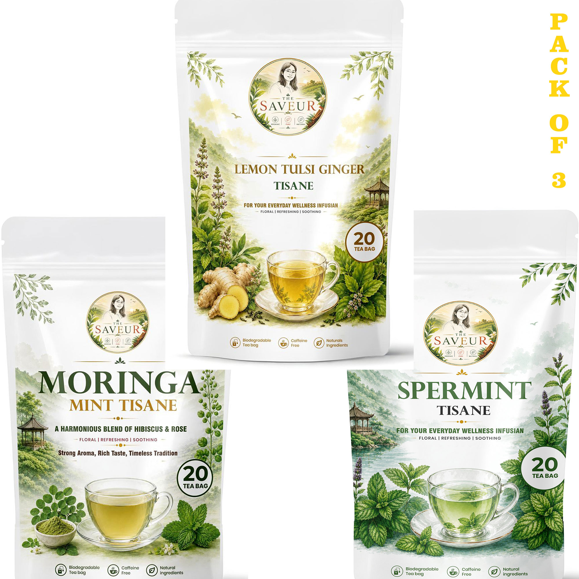 Lemon Tulsi Ginger, Spermint, Moringa Mint Tea Bags PACK OF 3 Plant Based Caffeine Free Gluten Free Pure Tea Bags Best Price by The Saveur