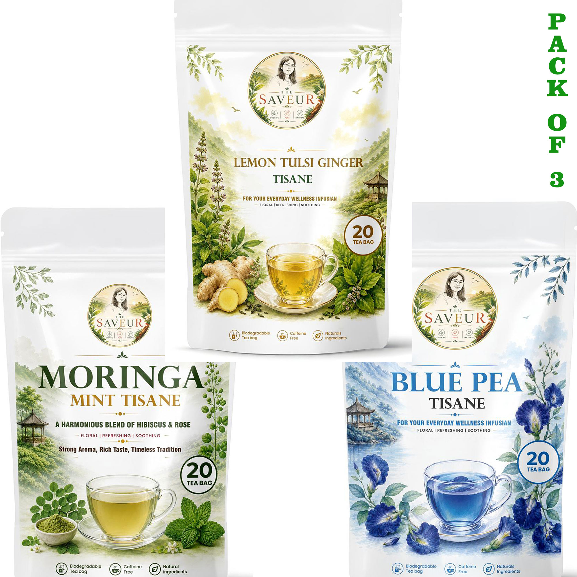 Moringa Mint, Lemon Tulsi Ginger, Blue Pea Tea Bags PACK OF 3 Plant Based Caffeine Free Gluten Free Pure Tea Bags Best Price by The Saveur