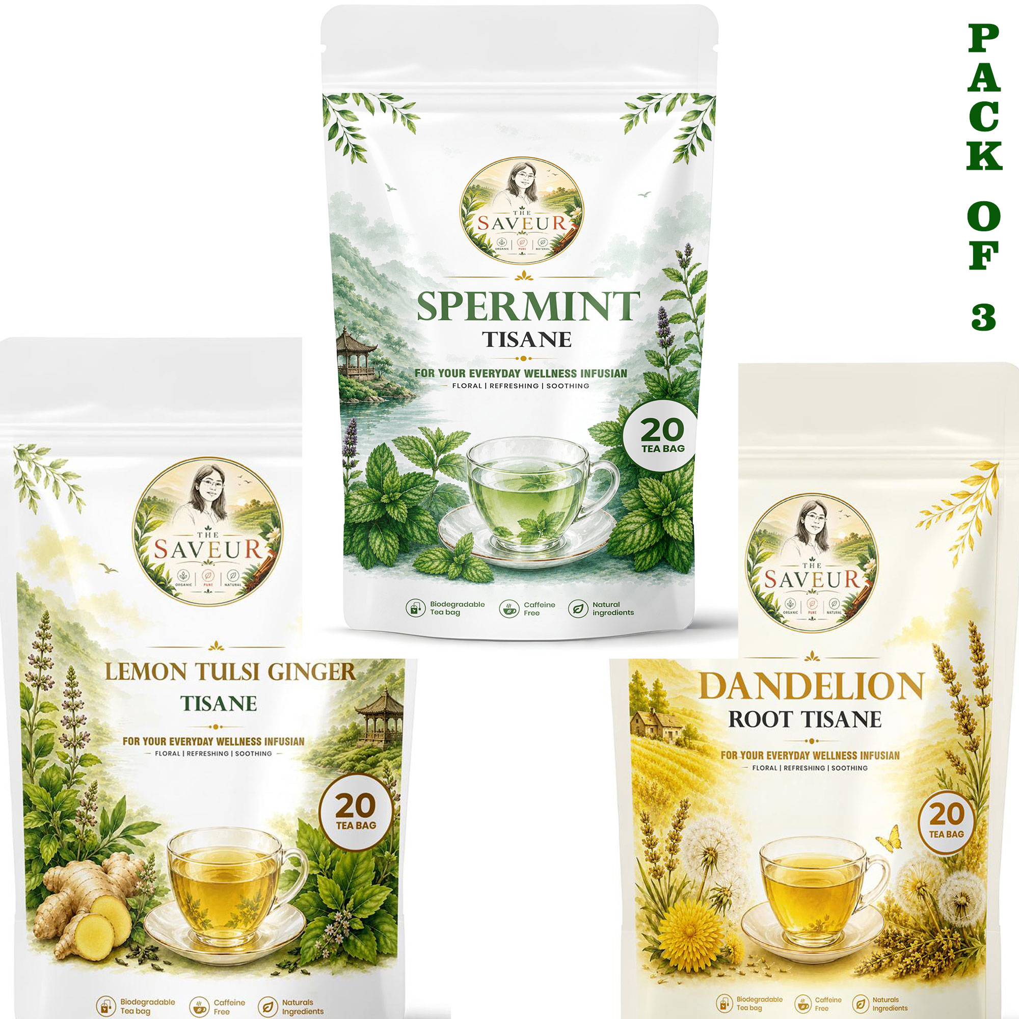 Lemon Tulsi Ginger, Spermint, Dandelion Tea Bags PACK OF 3 Plant Based Caffeine Free Gluten Free Pure Tea Bags Best Price by The Saveur