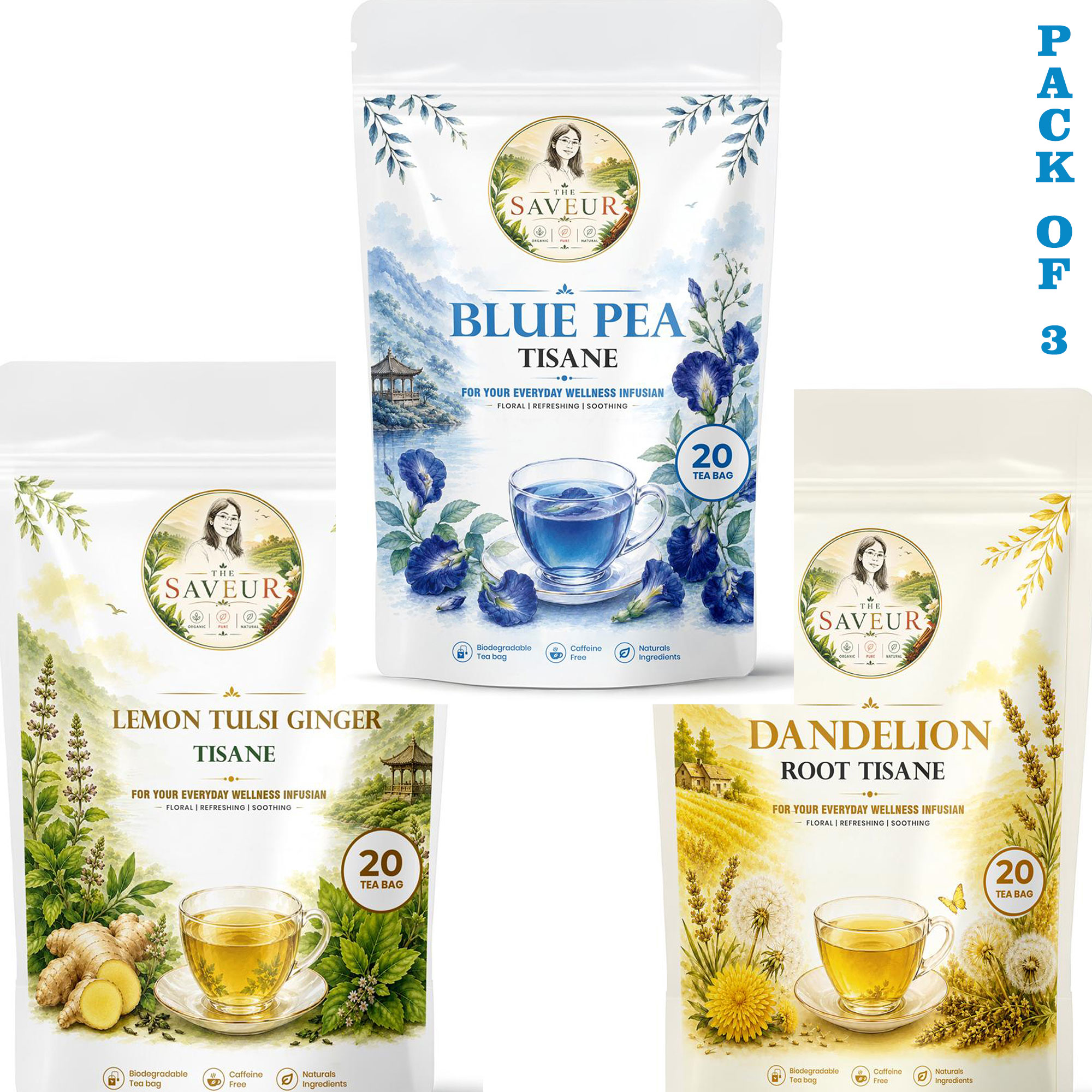 Dandelion, Lemon Tulsi GInger, Blue Pea Tea Bags PACK OF 3 Plant Based Caffeine Free Gluten Free Pure Tea Bags Best Price by The Saveur