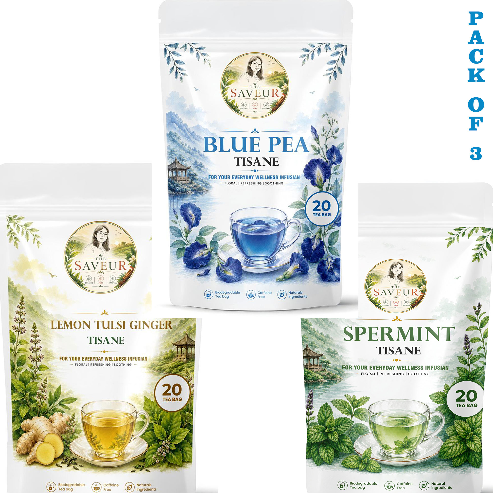 Lemon Tulsi Ginger, Spermint, Blue Pea Tea Bags PACK OF 3 Plant Based Caffeine Free Gluten Free Pure Tea Bags Best Price by The Saveur