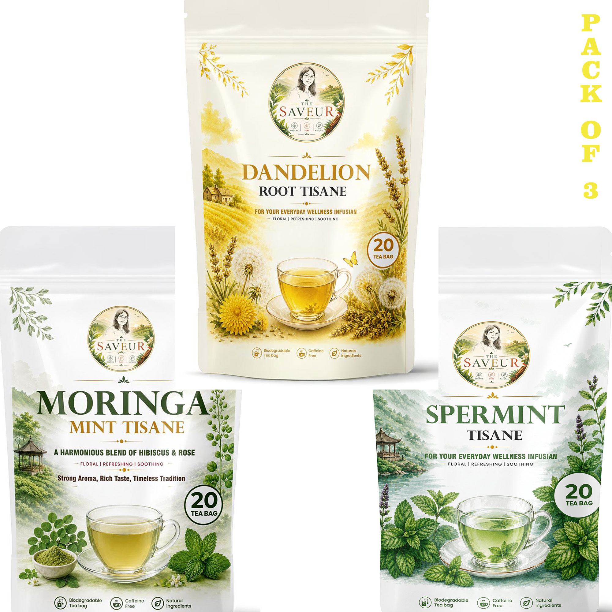 Moringa Mint, Spermint, Dandelion Tea Bags PACK OF 3 Plant Based Caffeine Free Gluten Free Pure Tea Bags Best Price by The Saveur