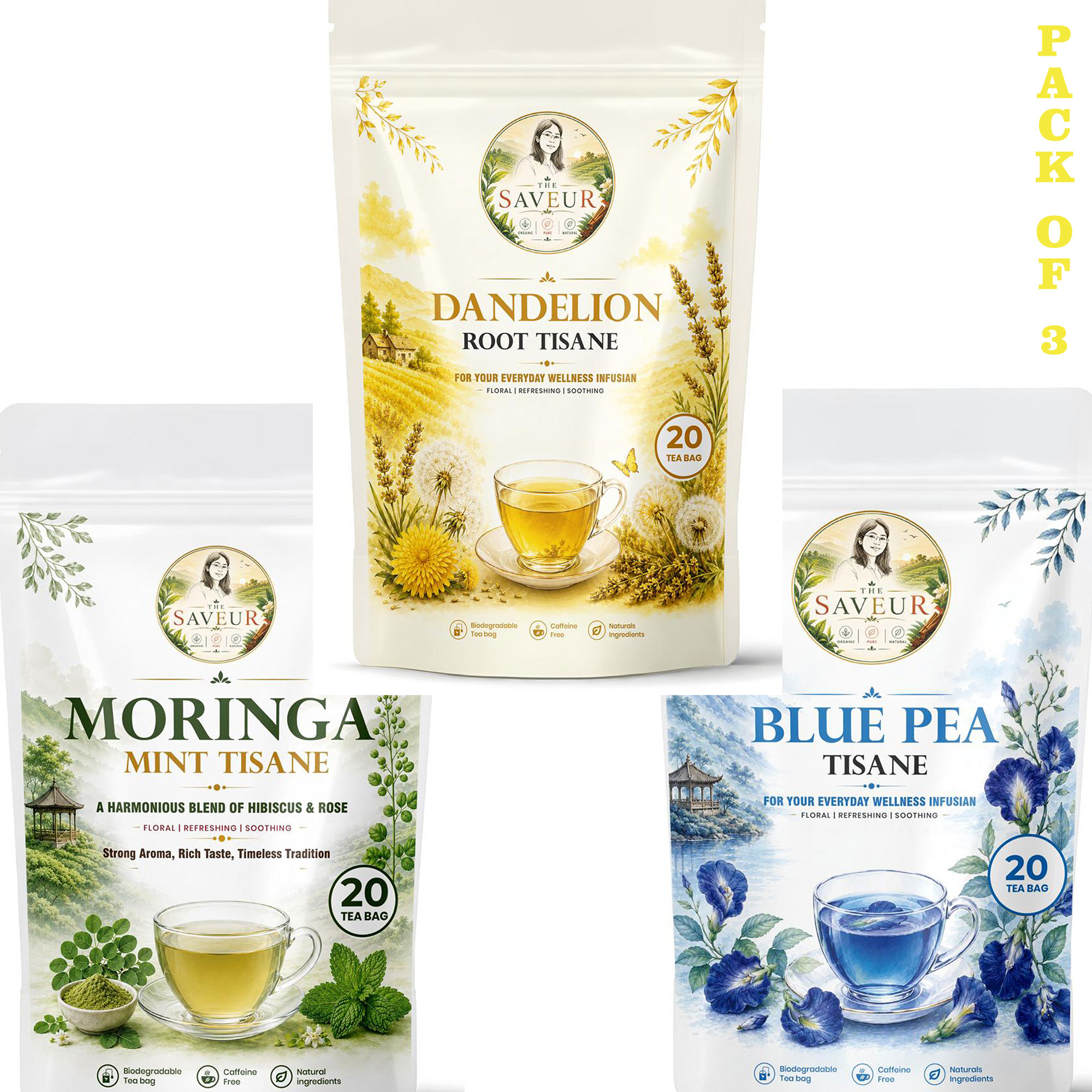 Dandelion, Moringa Mint, Blue Pea Tea Bags PACK OF 3 Plant Based Caffeine Free Gluten Free Pure Tea Bags Best Price by The Saveur