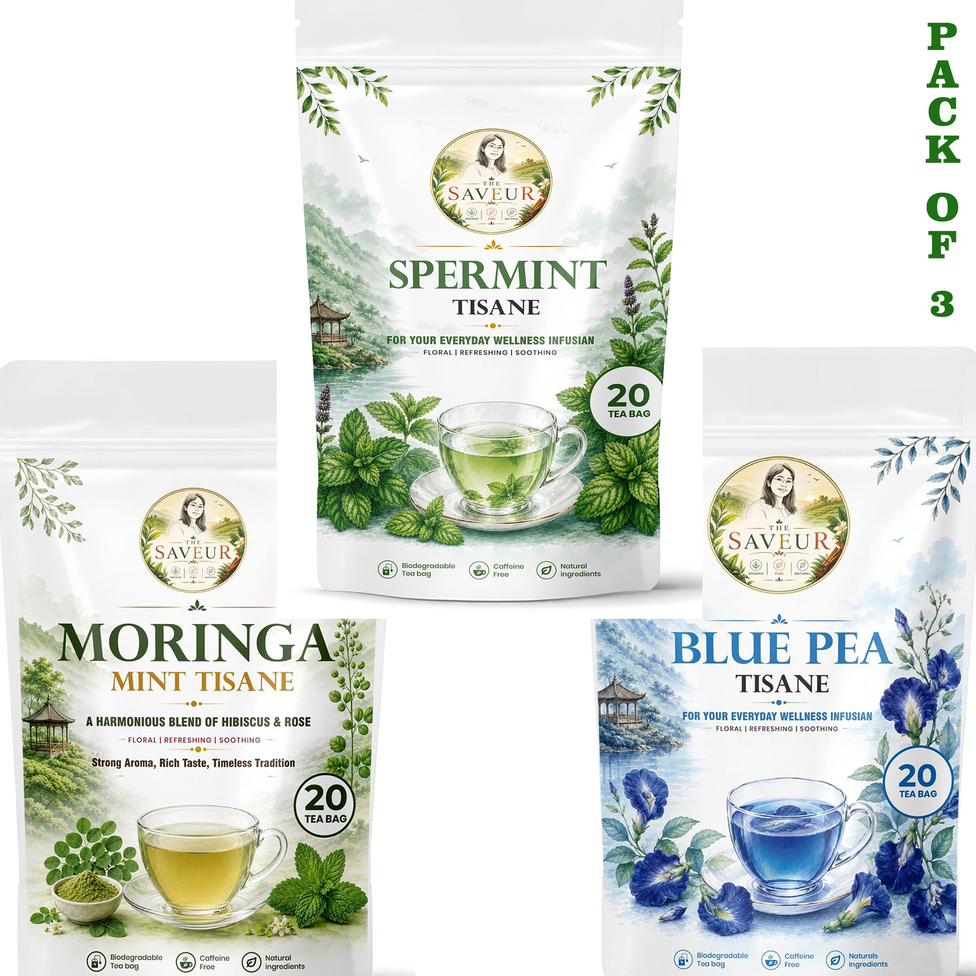 Moringa Mint, Spermint, Blue Pea Tea Bags PACK OF 3 Plant Based Caffeine Free Gluten Free Pure Tea Bags Best Price by The Saveur