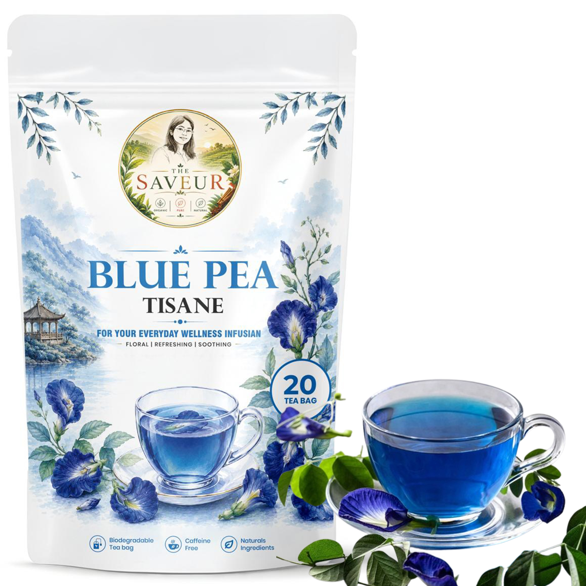 The Saveur Blue Pea Tea Pack of 20 Bags Supports Weight Loss Helps with Belly Fat Bloating Smooth Digestion 100% Natural Gluten Free Caffeine Free