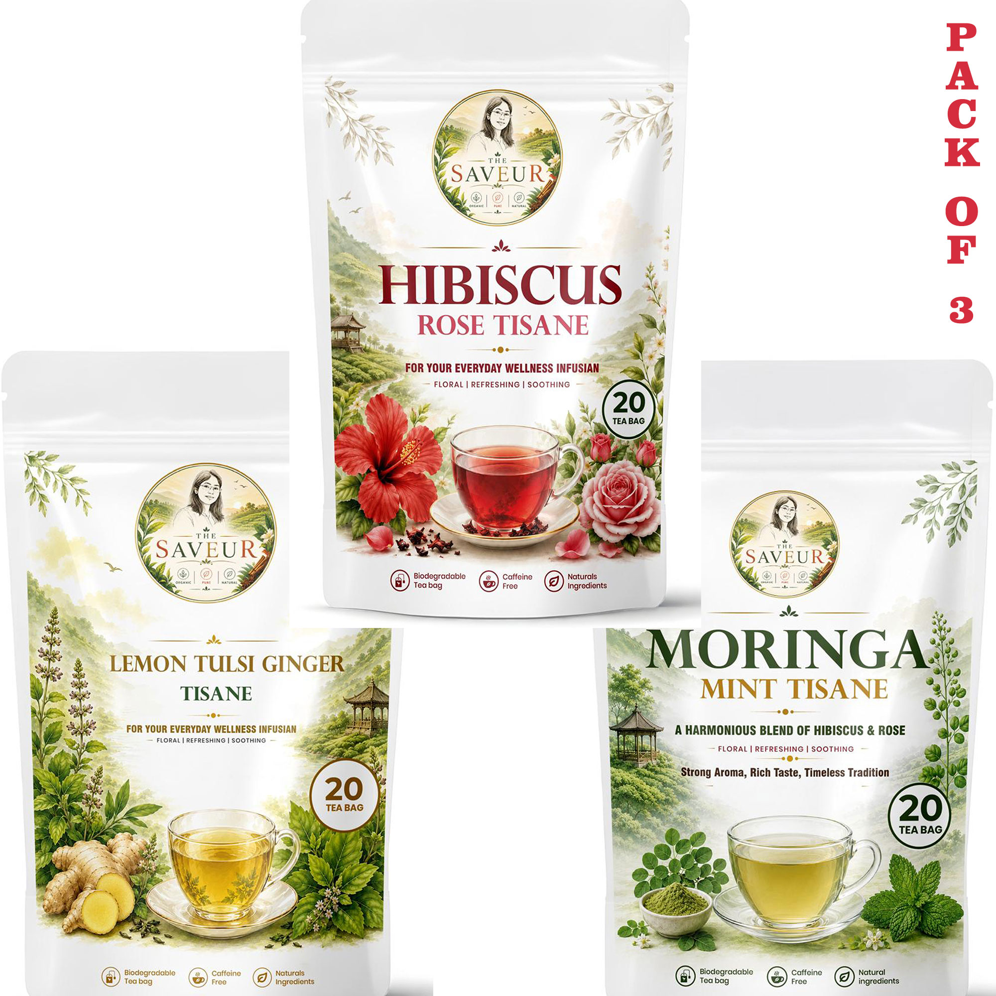 Hibiscus, Lemon Tulsi Ginger, Moringa Mint Tea Bags PACK OF 3 Plant Based Caffeine Free Gluten Free Pure Tea Bags Best Price by The Saveur