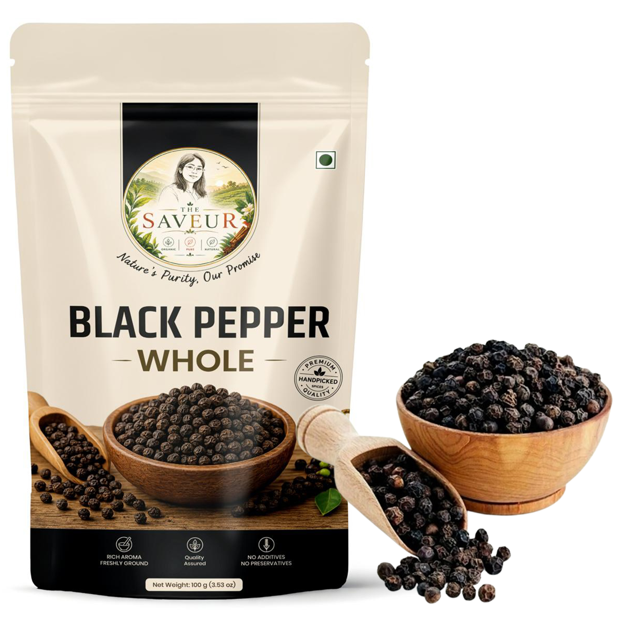 The Saveur Black Pepper Whole 100gm 100% Natural Sabut Kali Mirch Ultra-Pure & Finely Ground No Added Preservatives