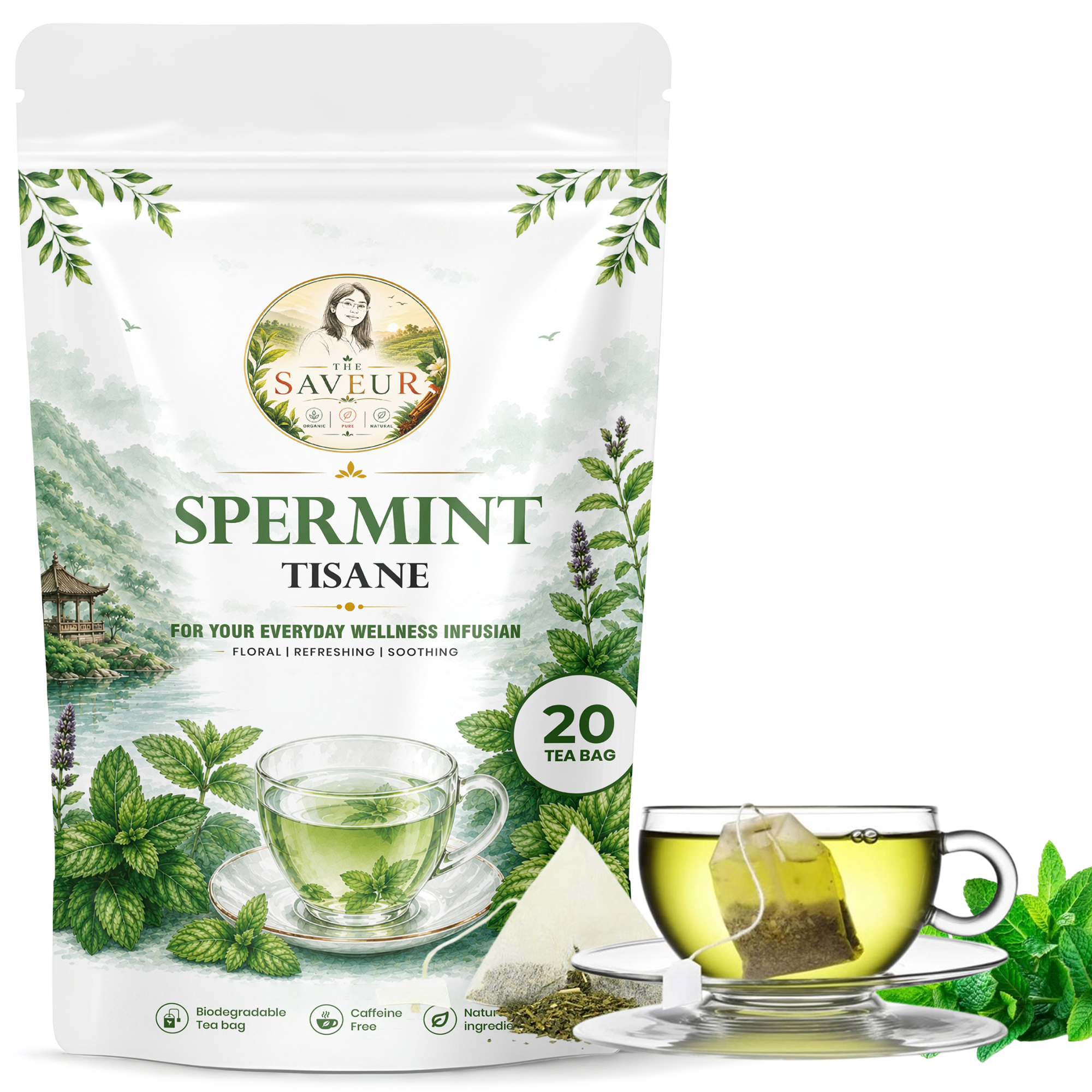 Spermint Tea Bags 20 Count Herbal Tea Bags Refreshing Aromatic and Minty Gluten Free Caffeine Free Tea 100% Pure Spermint leaves The Saveur Spermint Tea bags