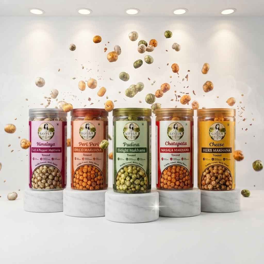 5 Flavours Combo Makhana Jar Himalaya Salt & Pepper, Peri Peri, Pudina, Chatapata & Cheese Farmley Roasted and Healthy Snack Namkeen Snacks & Puffed Snacks Gluten Free Rich In Protein & Fiber Roasted in Olive Oil - 85 GM JAR