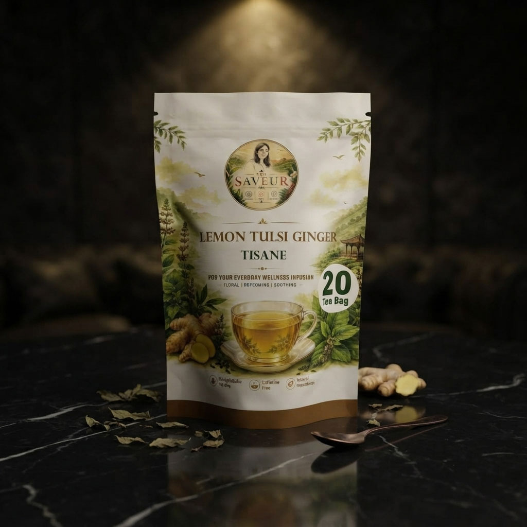 The Saveur Lemon Tulsi Ginger Tea Bags 20 Count Herbal Tea Bags Refreshing Aromatic and Gluten Free Caffeine Free Tea 100% Pure Lemon Tulsi Ginger Tea bags