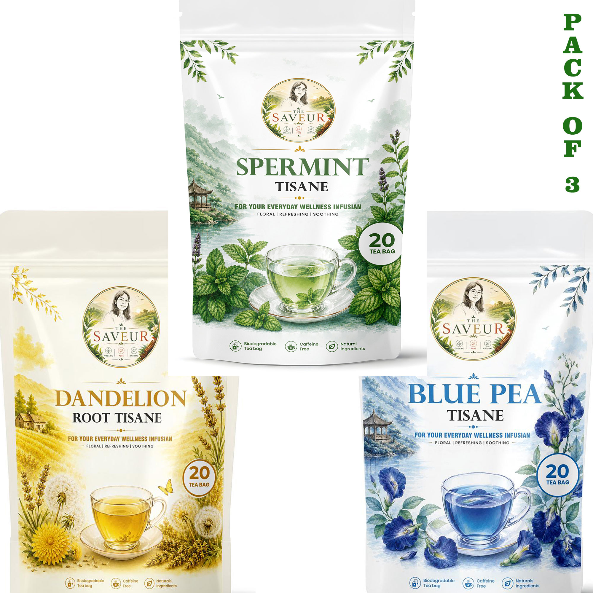 Dandelion, Spermint, Blue Pea Tea Bags PACK OF 3 Plant Based Caffeine Free Gluten Free Pure Tea Bags Best Price by The Saveur