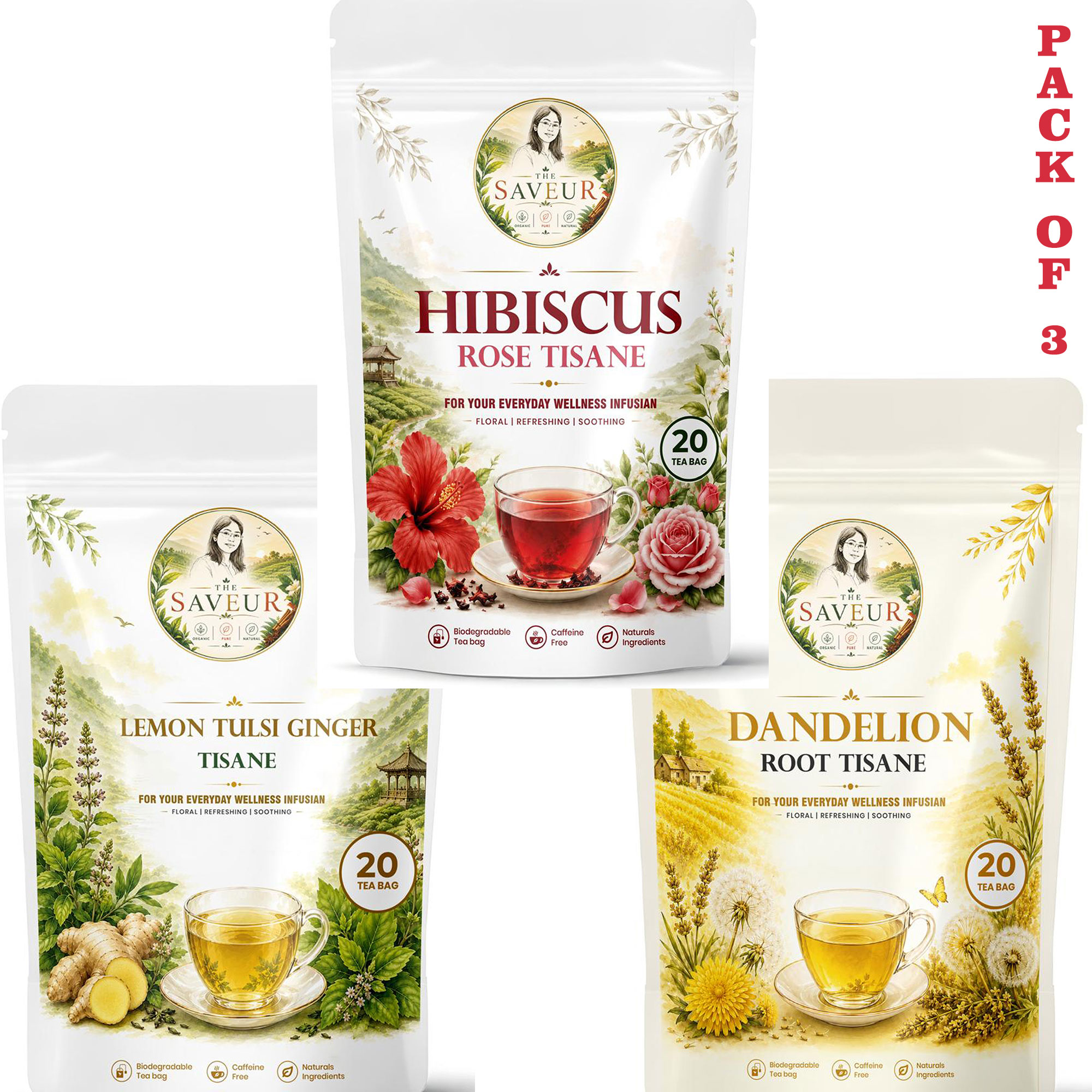 Hibiscus, Dandelion, Lemon Tulsi Ginger Tea Bags PACK OF 3 Plant Based Caffeine Free Gluten Free Pure Tea Bags Best Price by The Saveur