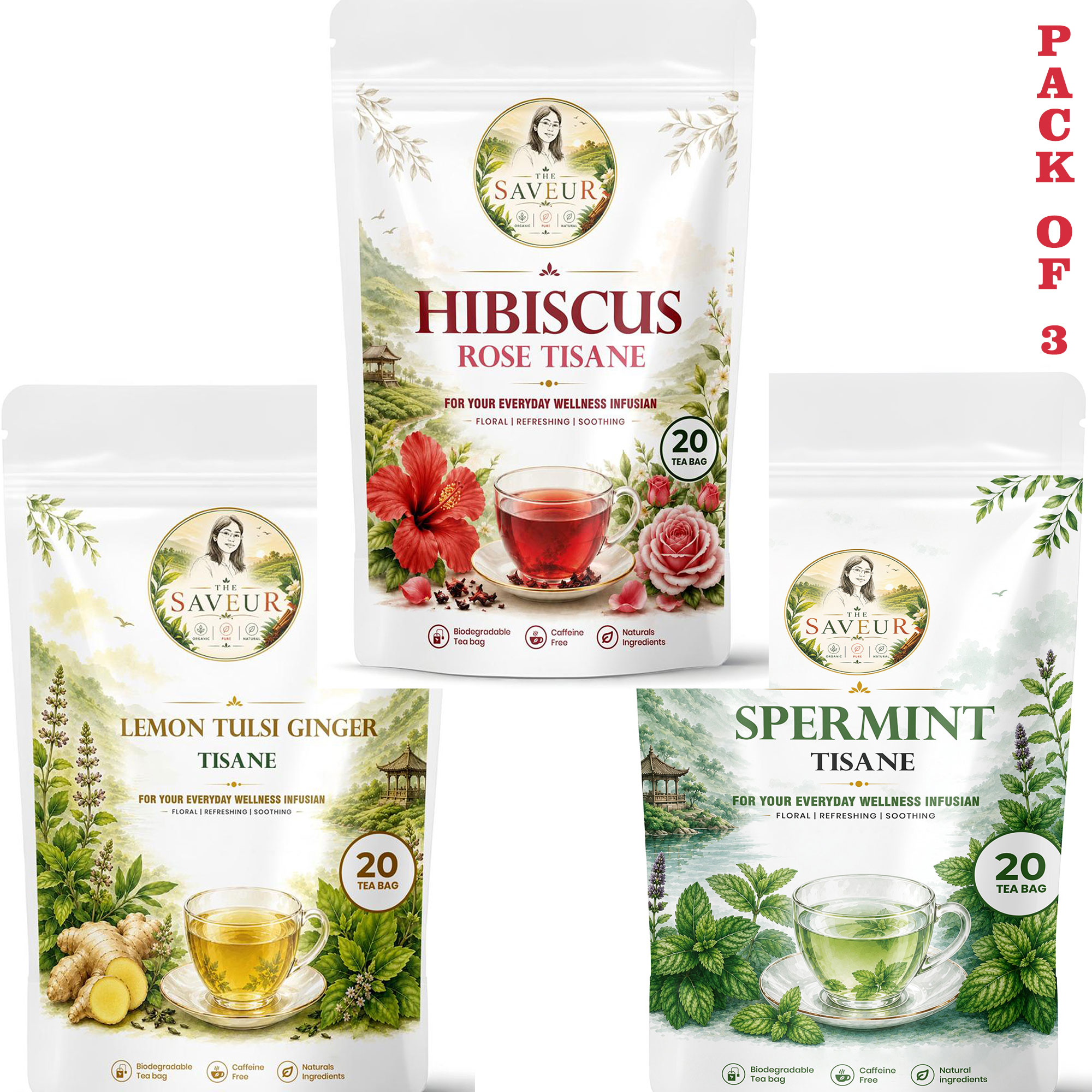Hibiscus, Lemon Tulsi Ginger, Spermint Tea Bags PACK OF 3 Plant Based Caffeine Free Gluten Free Pure Tea Bags Best Price by The Saveur