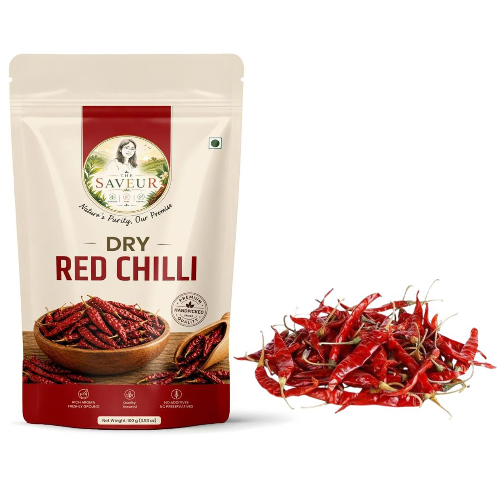The Saveur Dry Red Chilli 100 Grams (100gm x Pack of 1) Stemless Red Chilly Sabut Lal Mirch With Rich Aroma & Freshly Ground No Added Preservatives and No Colors