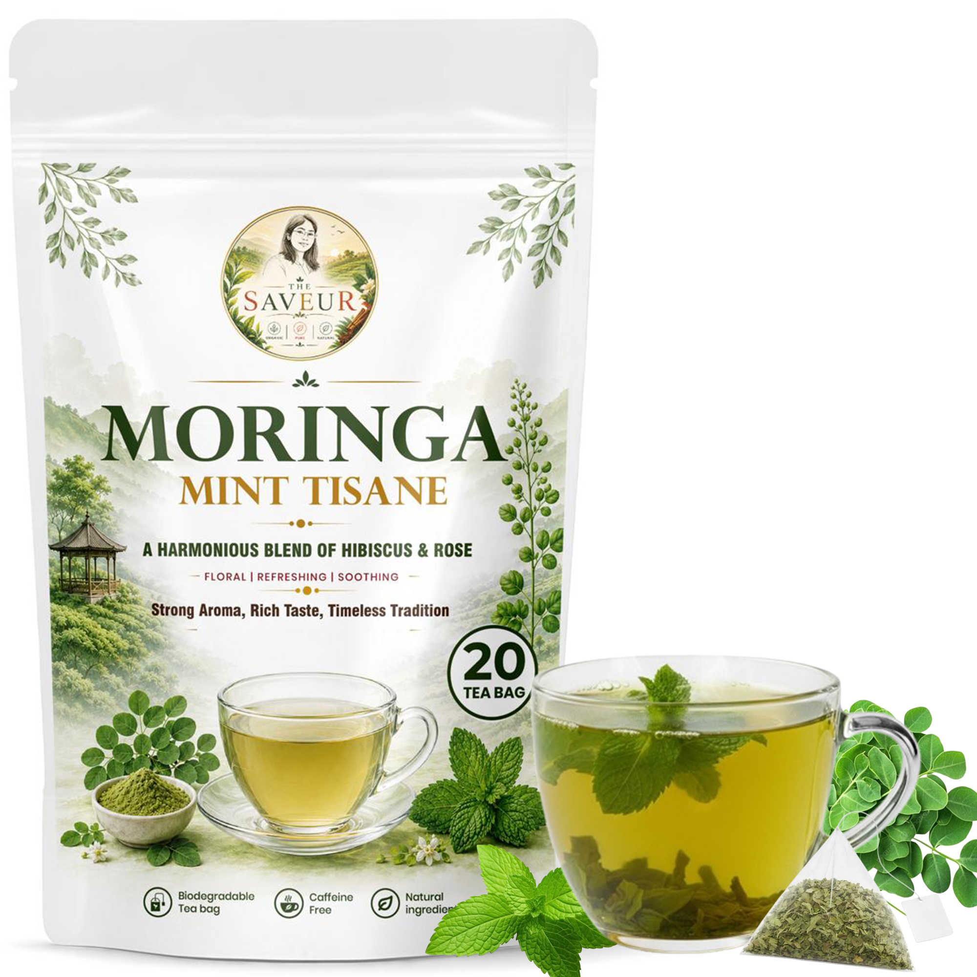 The Saveur Moringa Mint Tea 20 Tea Bags Caffeine Free Staple Free Made with organically moringa leaves & Mint