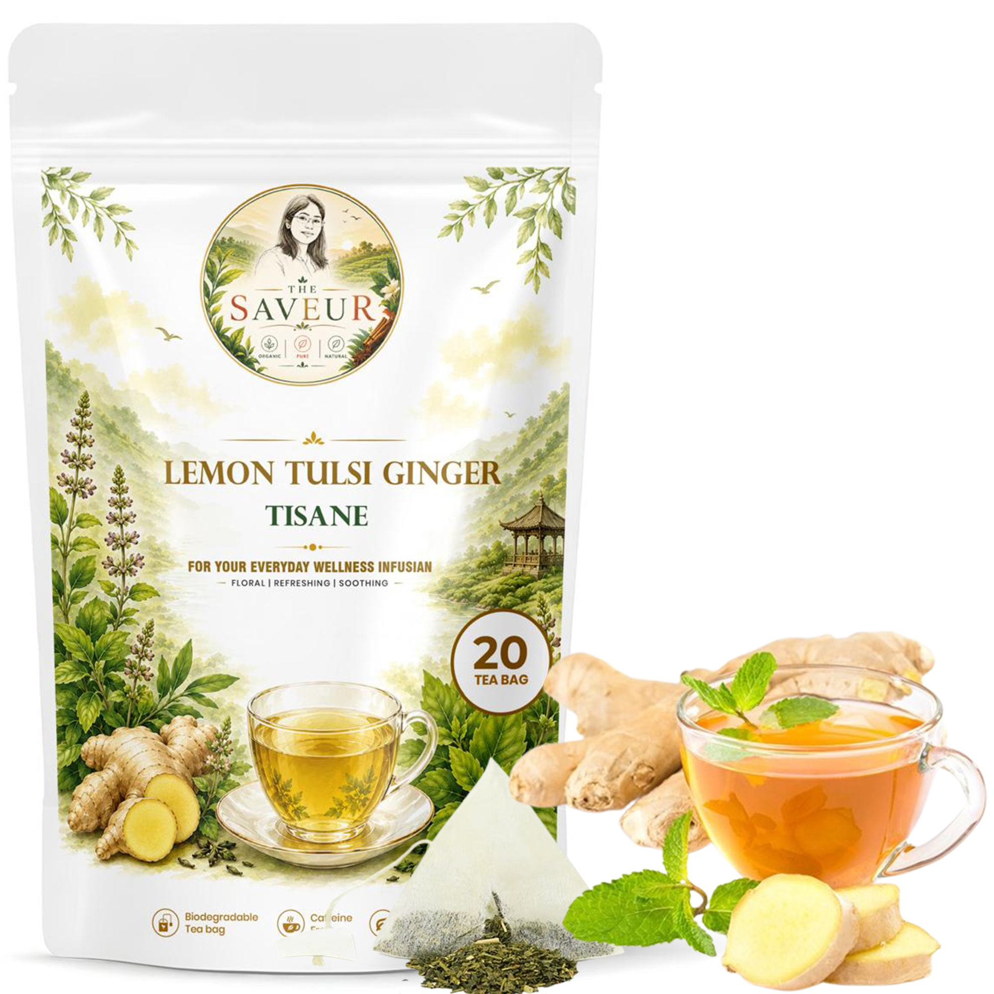 The Saveur Lemon Tulsi Ginger Tea Bags 20 Count Herbal Tea Bags Refreshing Aromatic and Gluten Free Caffeine Free Tea 100% Pure Lemon Tulsi Ginger Tea bags