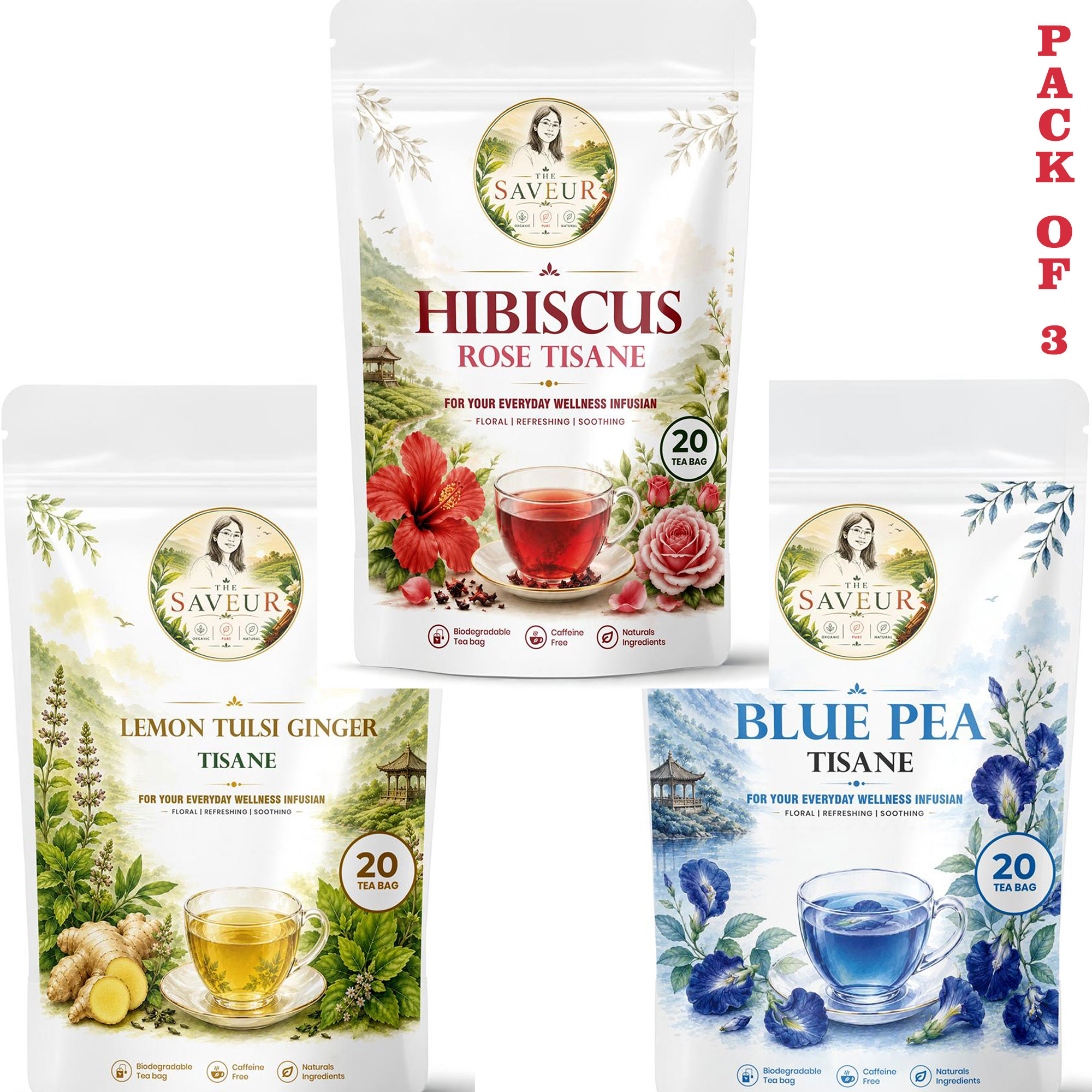 Hibiscus, Lemon Tulsi Ginger, Blue Pea Tea Bags PACK OF 3 Plant Based Caffeine Free Gluten Free Pure Tea Bags Best Price by The Saveur