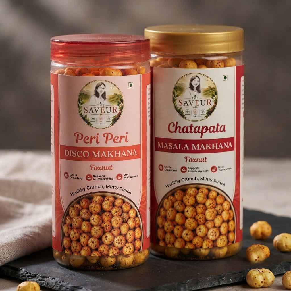 Peri Peri And Chatapata Flavoure Combo Of 2 Makhana Jar Farmley Roasted and Healthy Snack Cholesterol Free Gluten Free Namkeen Snacks & Puffed Snacks Rich In Protein & Fiber Roasted in Olive Oil - 85 GM JAR