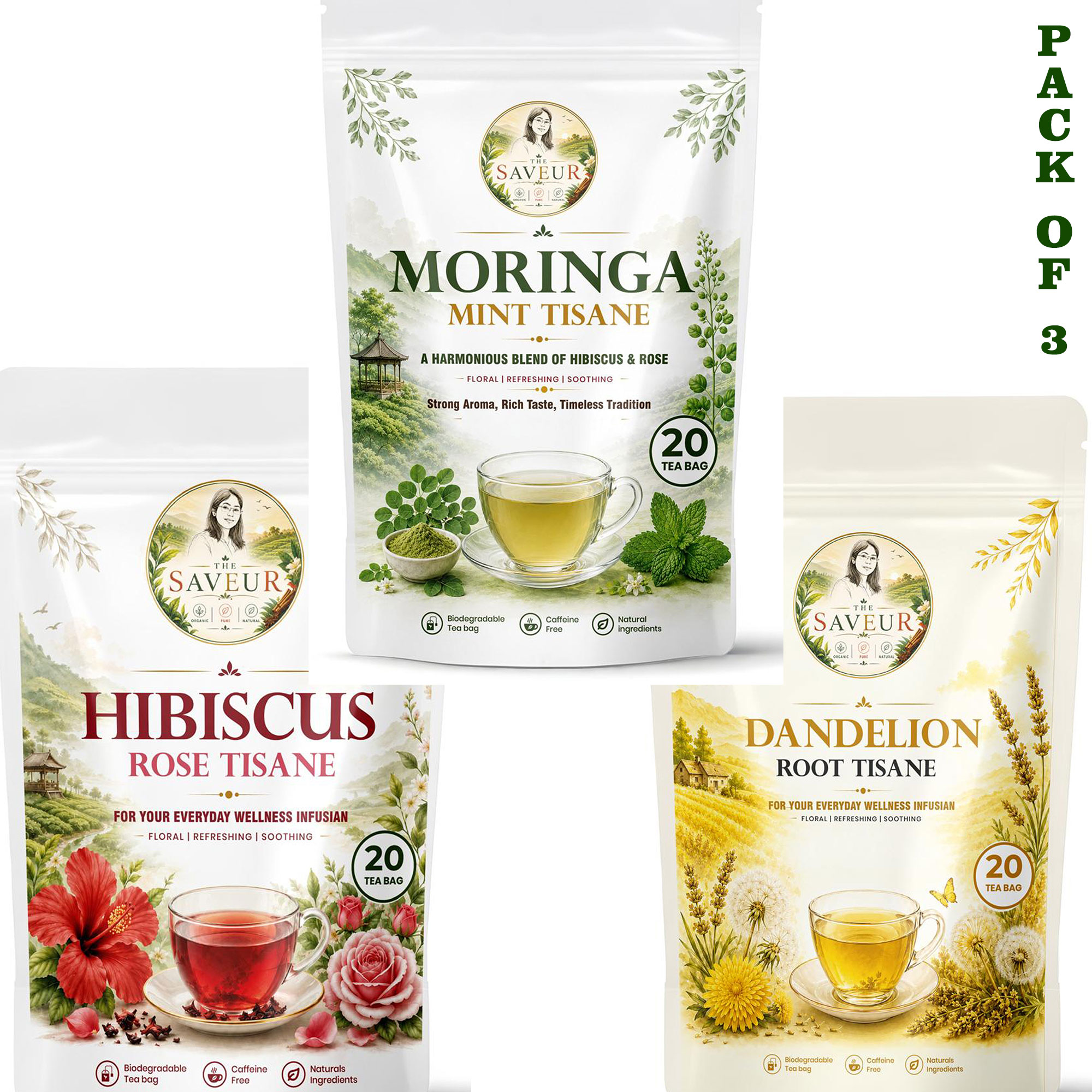 Hibiscus, Dandelion, Moringa Mint Tea Bags PACK OF 3 Plant Based Caffeine Free Gluten Free Pure Tea Bags Best Price by The Saveur