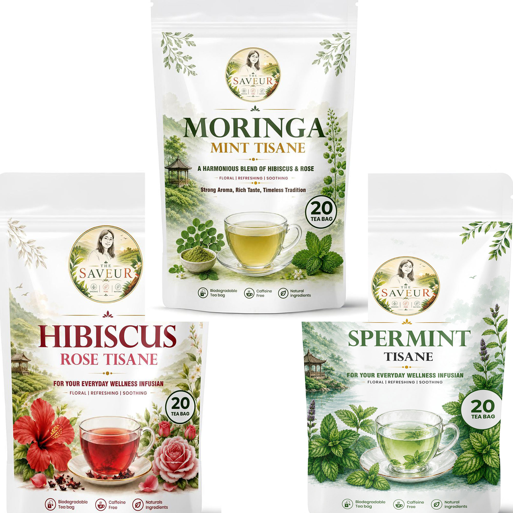 Hibiscus, Moringa Mint, Spermint Tea Bags PACK OF 3 Plant Based Caffeine Free Gluten Free Pure Tea Bags Best Price by The Saveur
