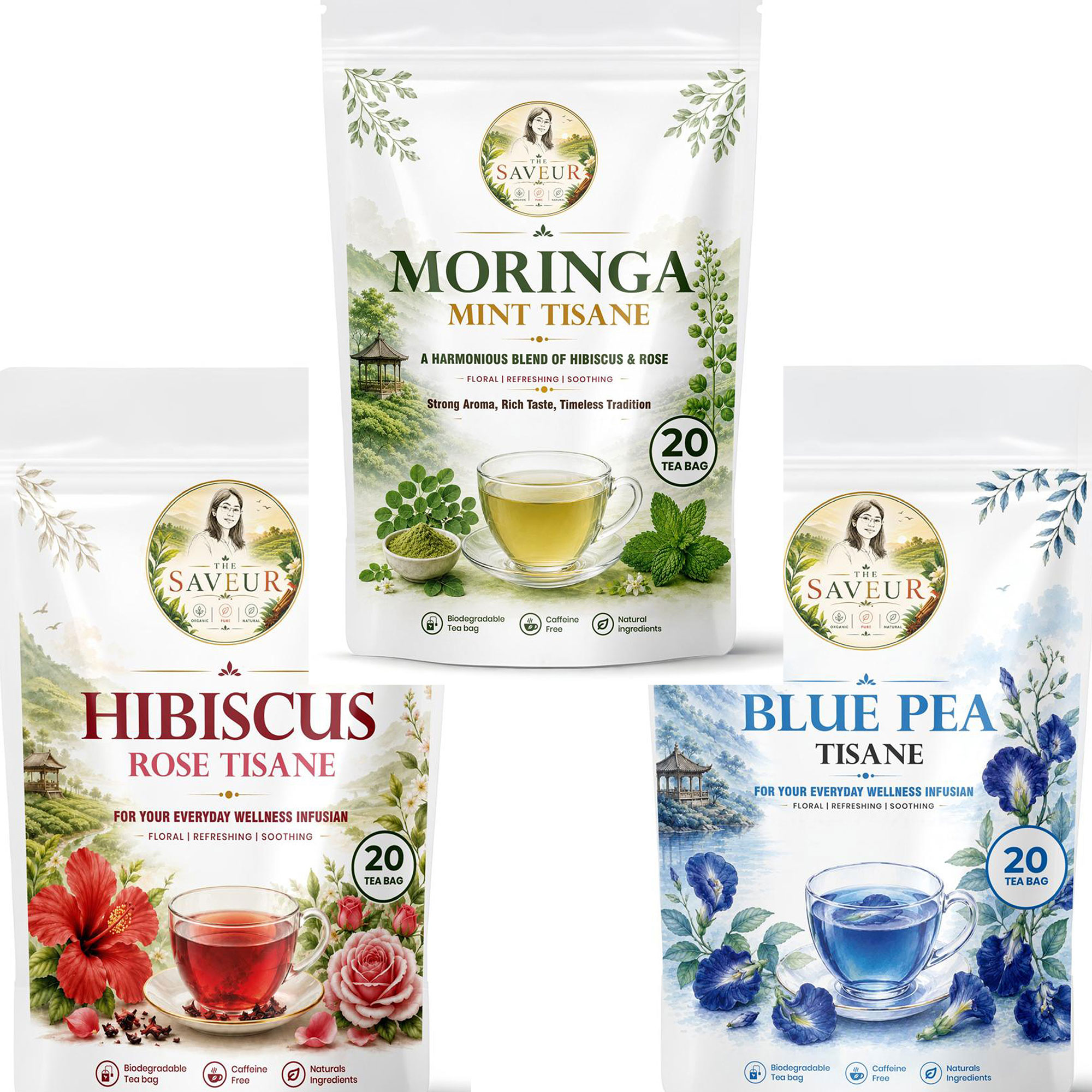 Hibiscus, Moringa Mint, Blue Pea Tea Bags PACK OF 3 Plant Based Caffeine Free Gluten Free Pure Tea Bags Best Price by The Saveur