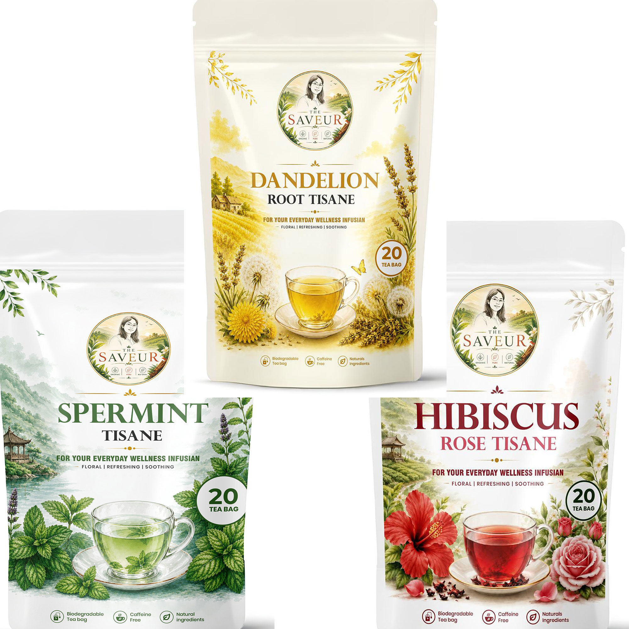 Hibiscus, Dandelion, Spermint Tea Bags PACK OF 3 Plant Based Caffeine Free Gluten Free Pure Tea Bags Best Price by The Saveur