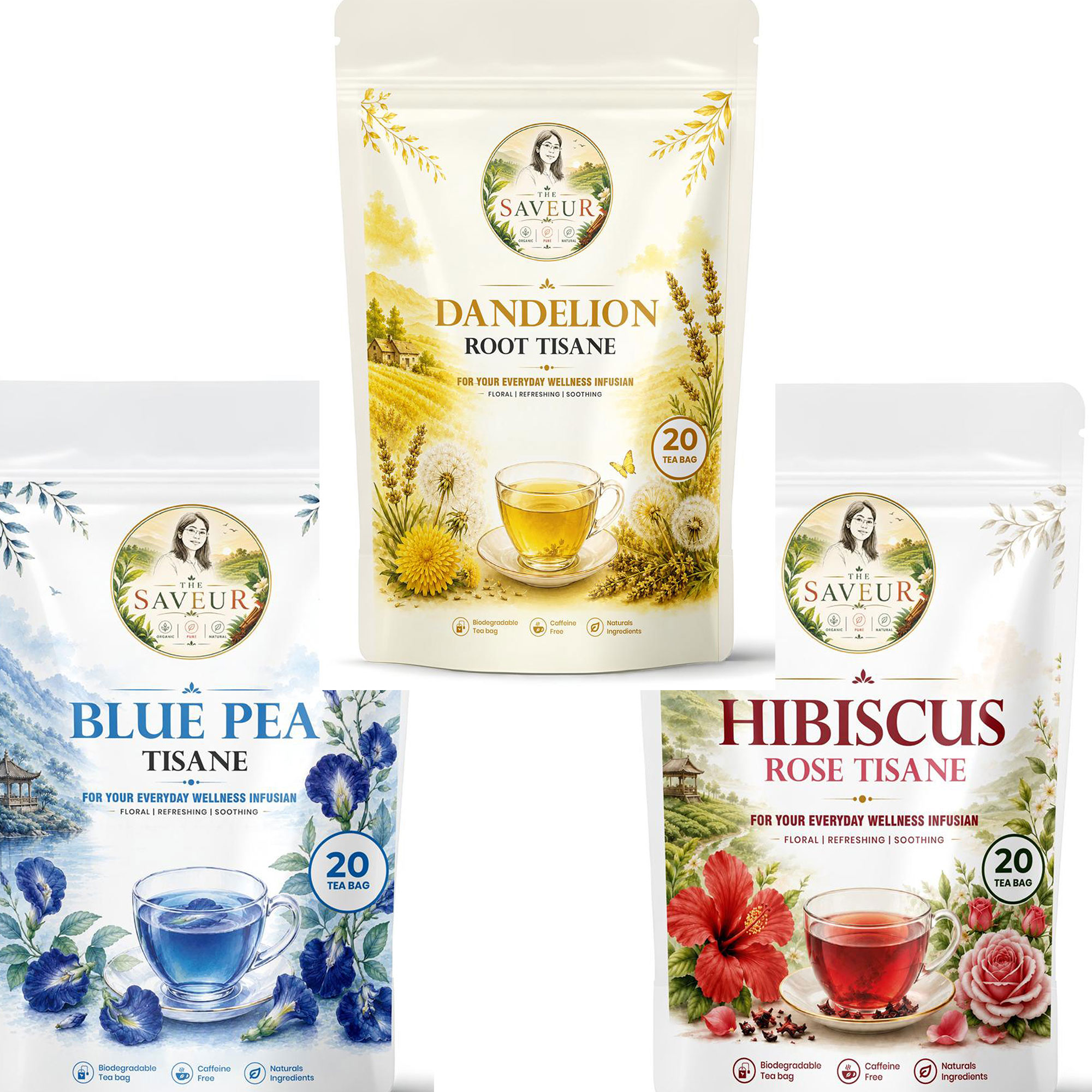 Hibiscus, Dandelion, Blue Pea Tea Bags PACK OF 3 Plant Based Caffeine Free Gluten Free Pure Tea Bags Best Price by The Saveur