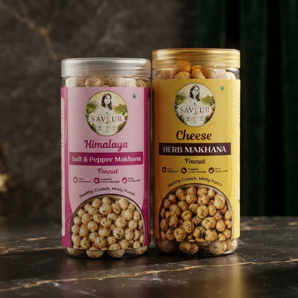 Cheese And Himalaya(Salt & Pepper) Cholesterol Free Combo Of 2 Flavoure Makhana Jar Farmley Roasted and Healthy Snack Namkeen Snacks & Puffed Snacks Gluten Free Rich In Protein & Fiber Roasted in Olive Oil - 85 GM JAR