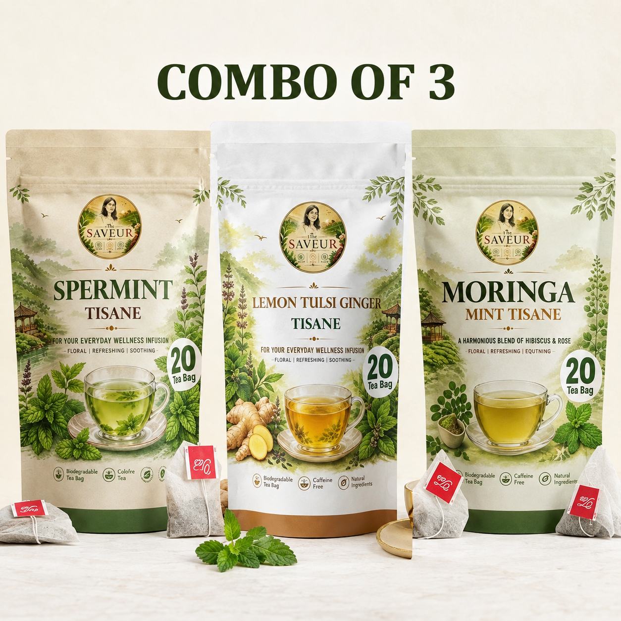 The Saveur Pack Of 3 Moringa Mint, Lemon Tulsi Ginger & Spermint Tea 20 Tea Bags In Each Pack Caffeine Free Gluten Free